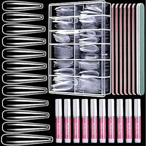 XXL Clear Coffin Nails Tips, HNYYZL 240Pcs Extra Long Nail Tips, Ballerina Full Cover Fake Nail Tips Kit C Curve Nail Tips for Acrylic Nail Tips, with Nail Glue and Nail File, for Nail Salon Home DIY