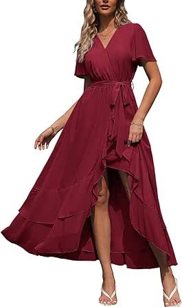 Simplee Womens Solid Chiffon Wrap Formal Maxi Ruffle Split Dress Flowy Bridesmaid Wedding Party Evening Dress with Belt