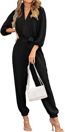 PRETTYGARDEN Women's 2024 Fall Jumpsuits Casual Dressy One Piece Outfits V Neck Long Sleeve Belt Pockets Long Pants Romper