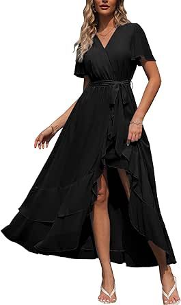 Simplee Womens Solid Chiffon Wrap Formal Maxi Ruffle Split Dress Flowy Bridesmaid Wedding Party Evening Dress with Belt